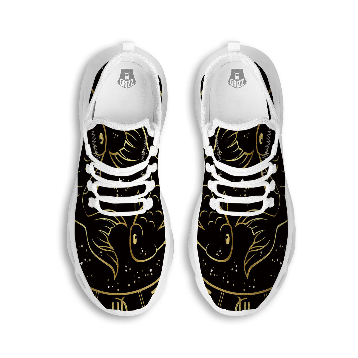 Pisces Sign Black And Gold Print White Running Shoes-grizzshop