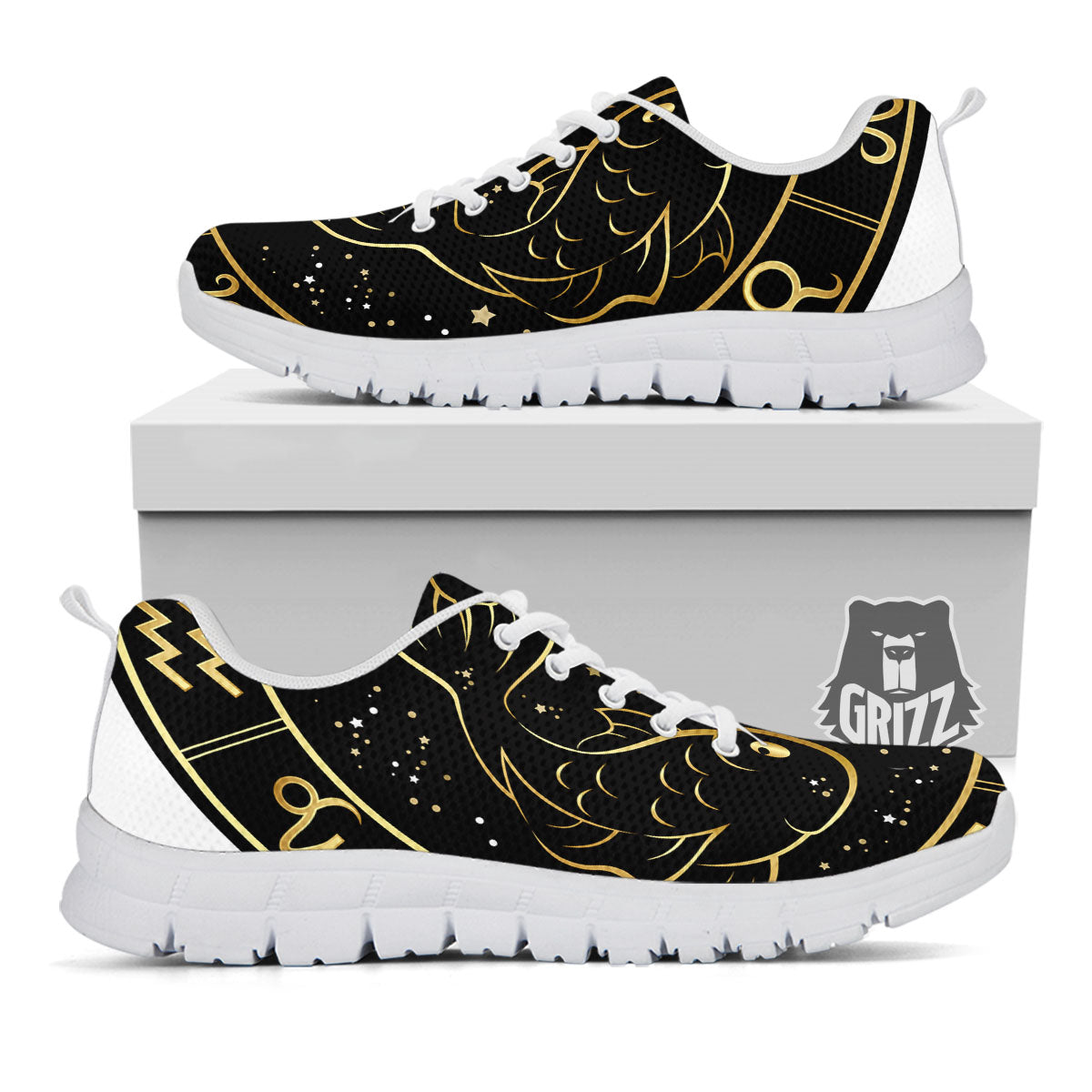 Pisces Sign Black And Gold Print White Sneaker-grizzshop