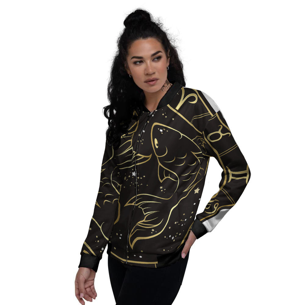 Pisces Sign Black And Gold Print Women's Bomber Jacket-grizzshop