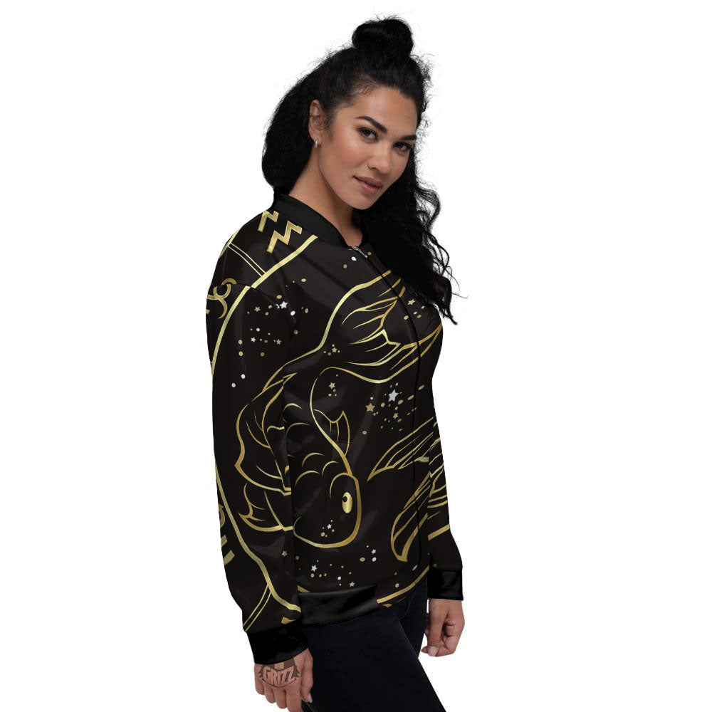 Pisces Sign Black And Gold Print Women's Bomber Jacket-grizzshop