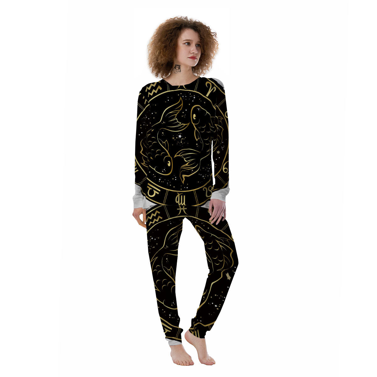 Pisces Sign Black And Gold Print Women's Pajamas-grizzshop