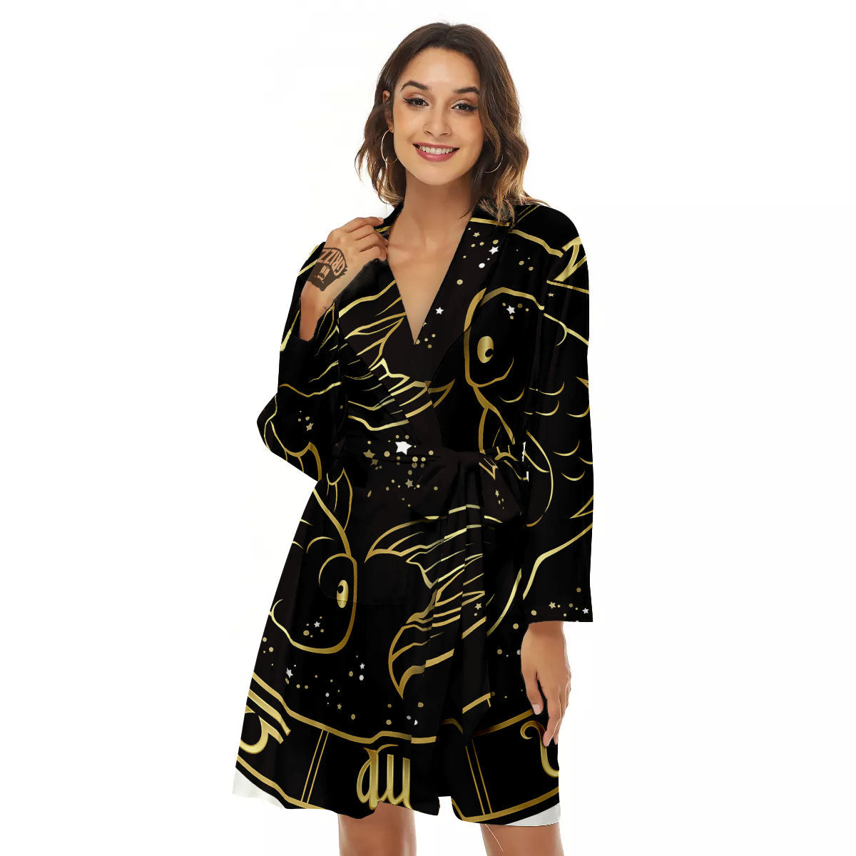 Pisces Sign Black And Gold Print Women's Robe-grizzshop