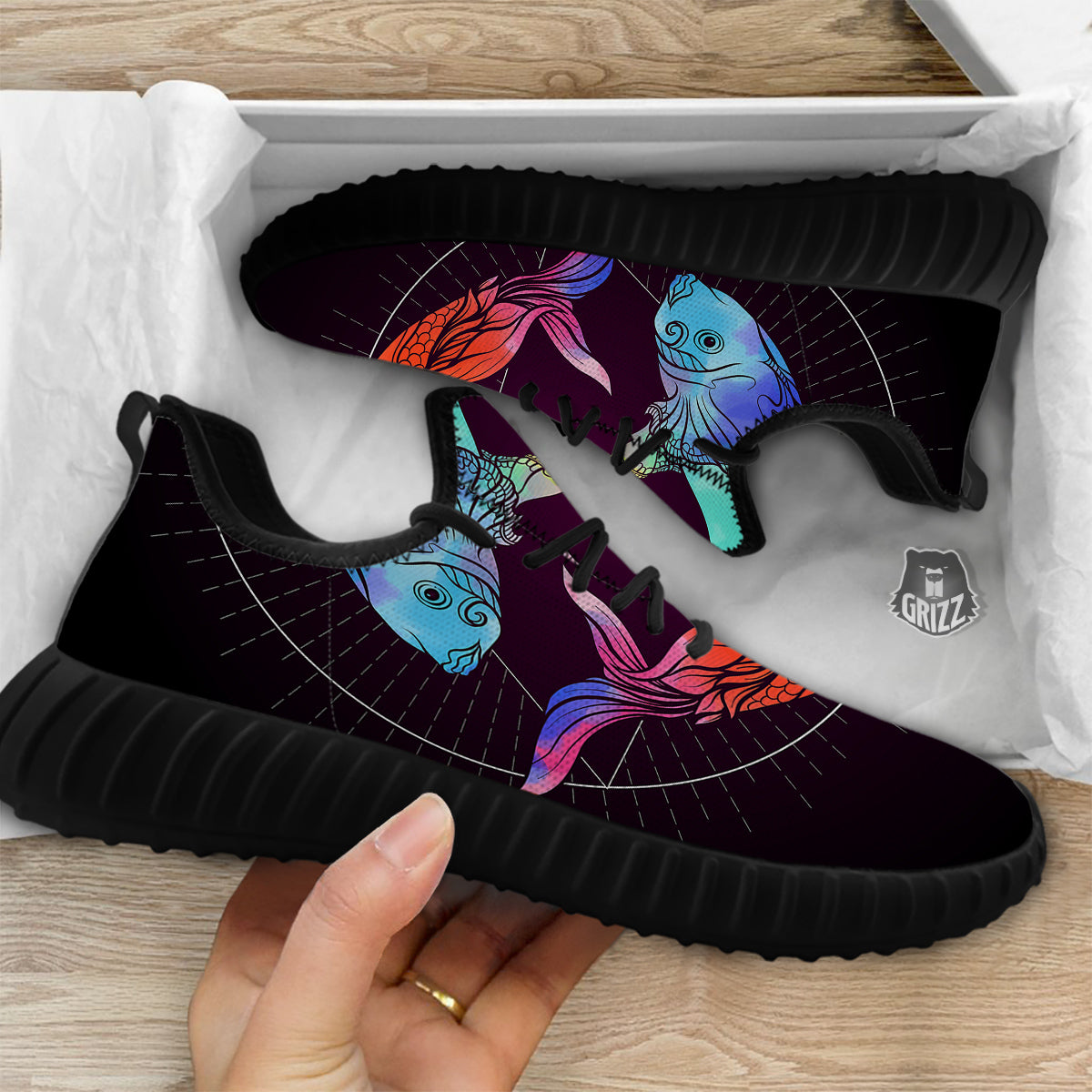 Pisces Sign Colorful Print Black Walking Shoes-grizzshop