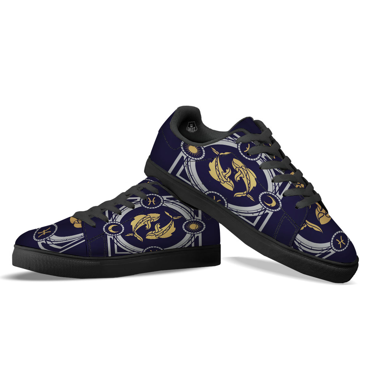Pisces Sign Horoscope Print Black Low Top Sneakers-grizzshop