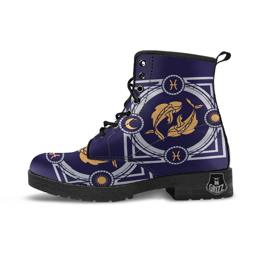Pisces Sign Horoscope Print Leather Boots-grizzshop