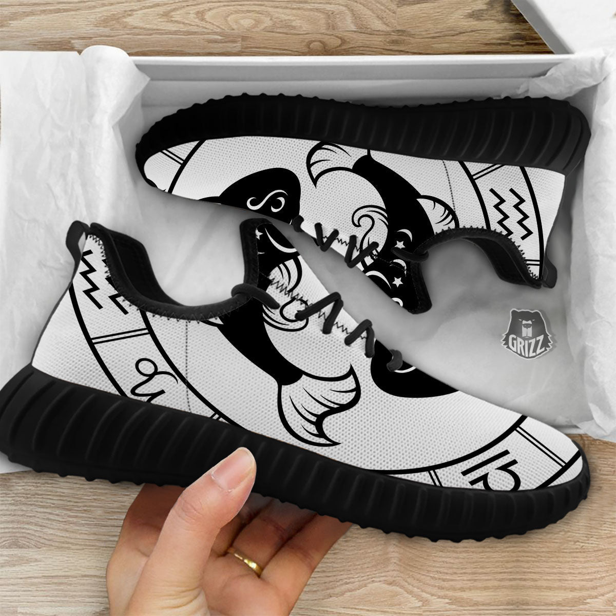 Pisces Sign White And Black Print Black Walking Shoes-grizzshop