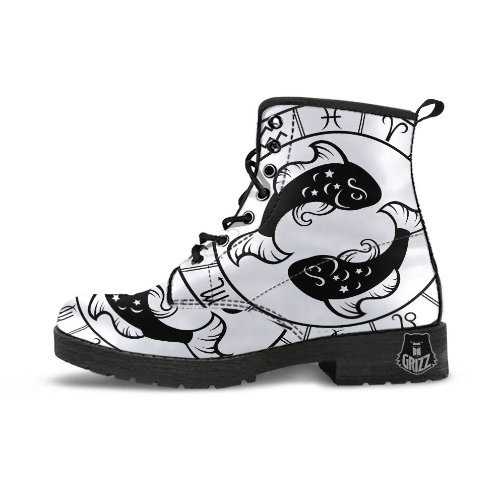 Pisces Sign White And Black Print Leather Boots-grizzshop