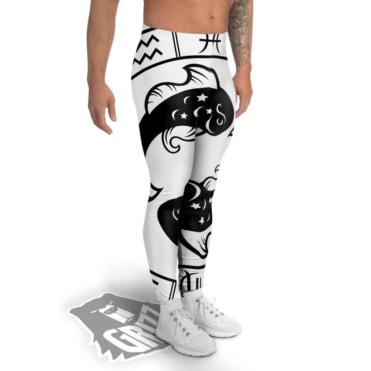 Pisces Sign White And Black Print Men's Leggings-grizzshop