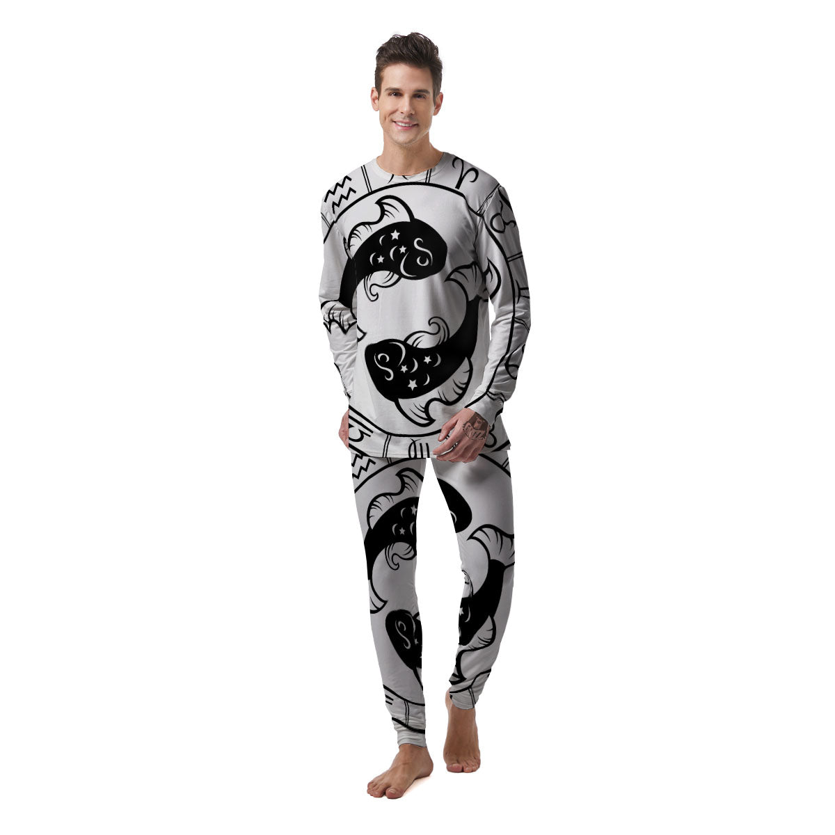 Pisces Sign White And Black Print Men's Pajamas-grizzshop