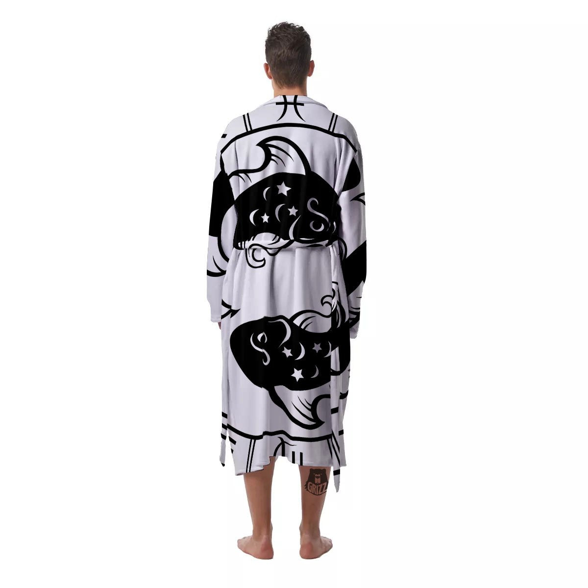 Pisces Sign White And Black Print Men's Robe-grizzshop