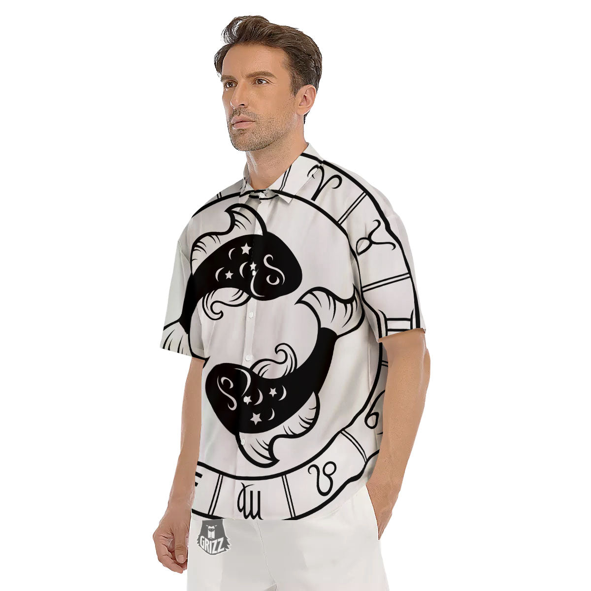 Pisces Sign White And Black Print Men's Short Sleeve Shirts-grizzshop