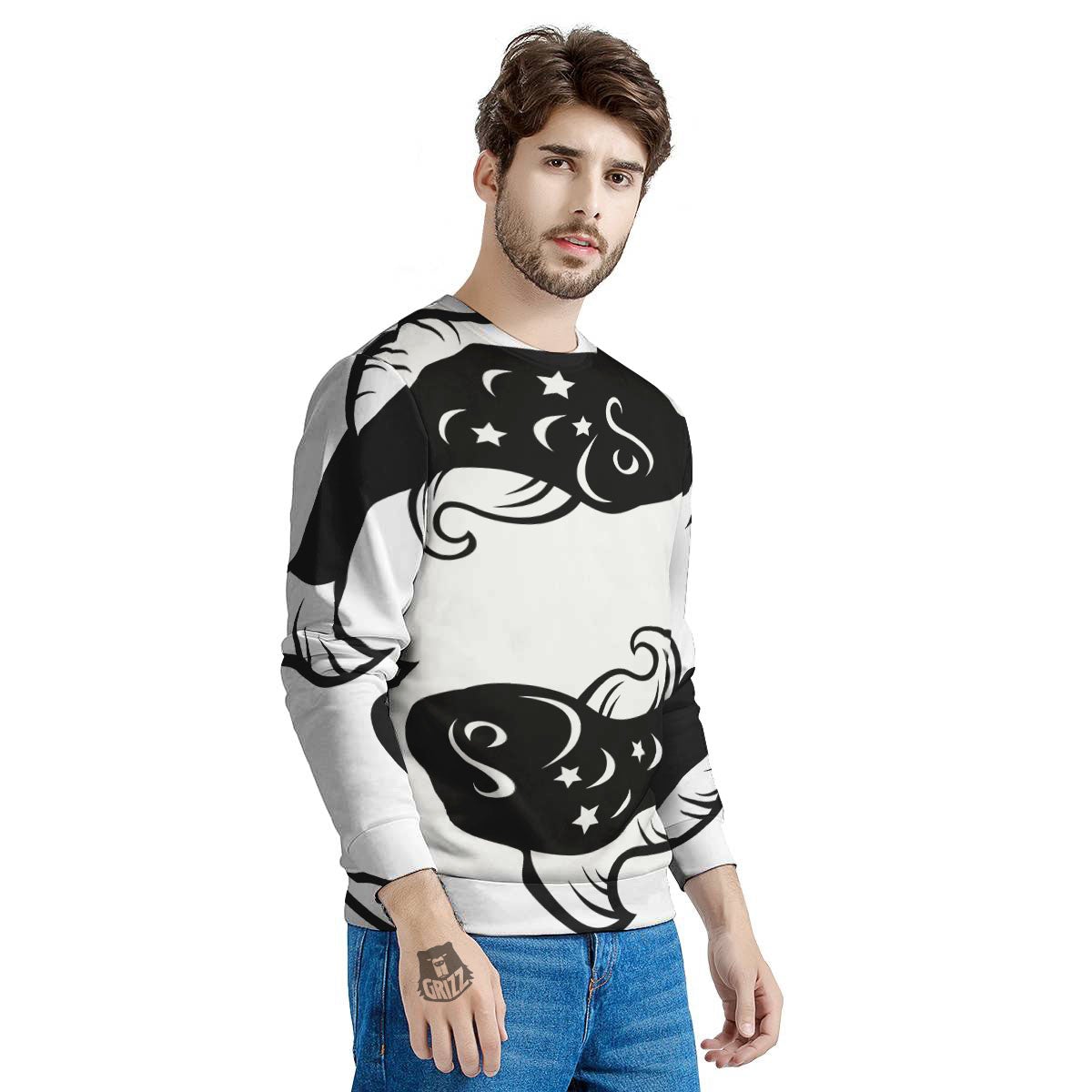 Pisces Sign White And Black Print Men's Sweatshirt-grizzshop