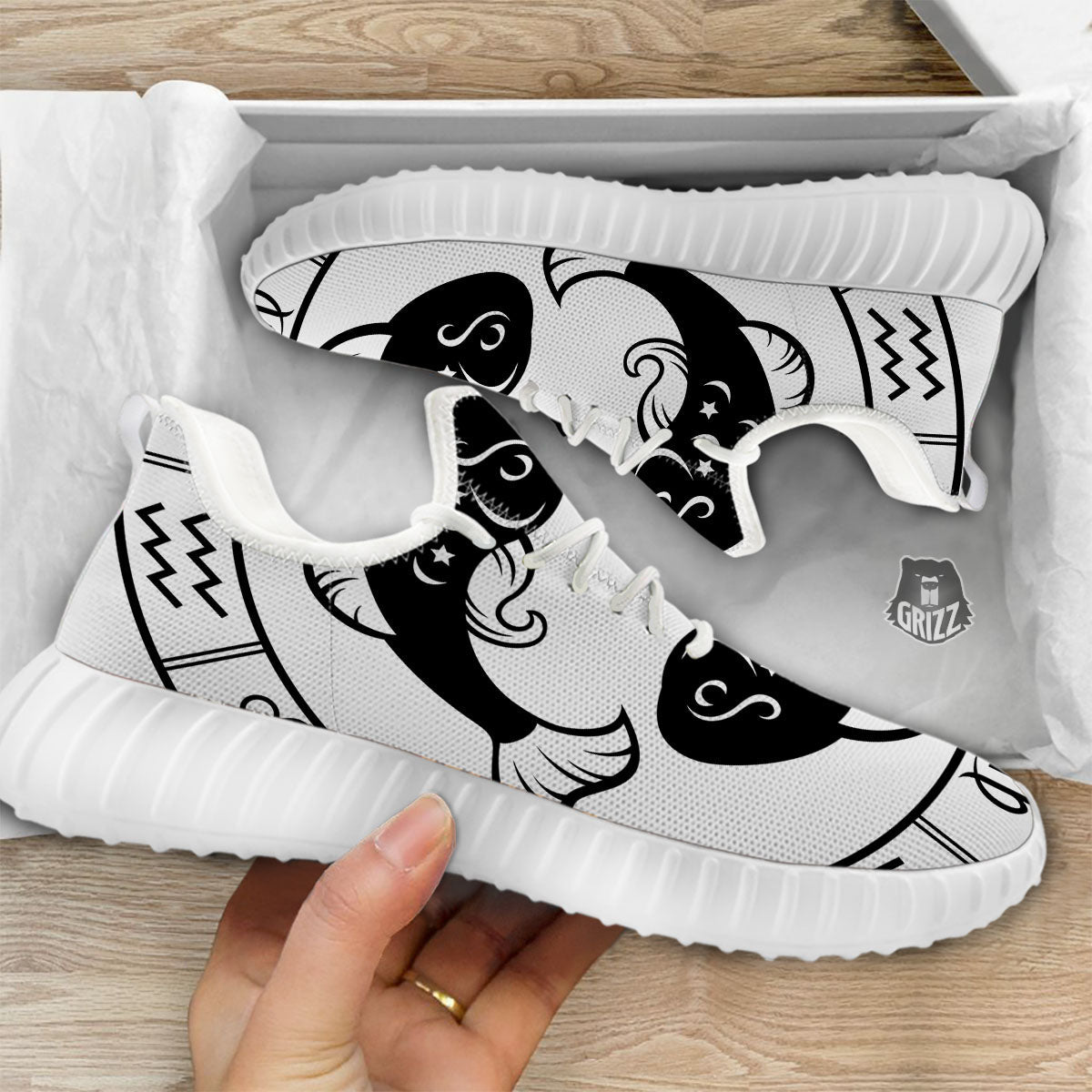 Pisces Sign White And Black Print White Walking Shoes-grizzshop