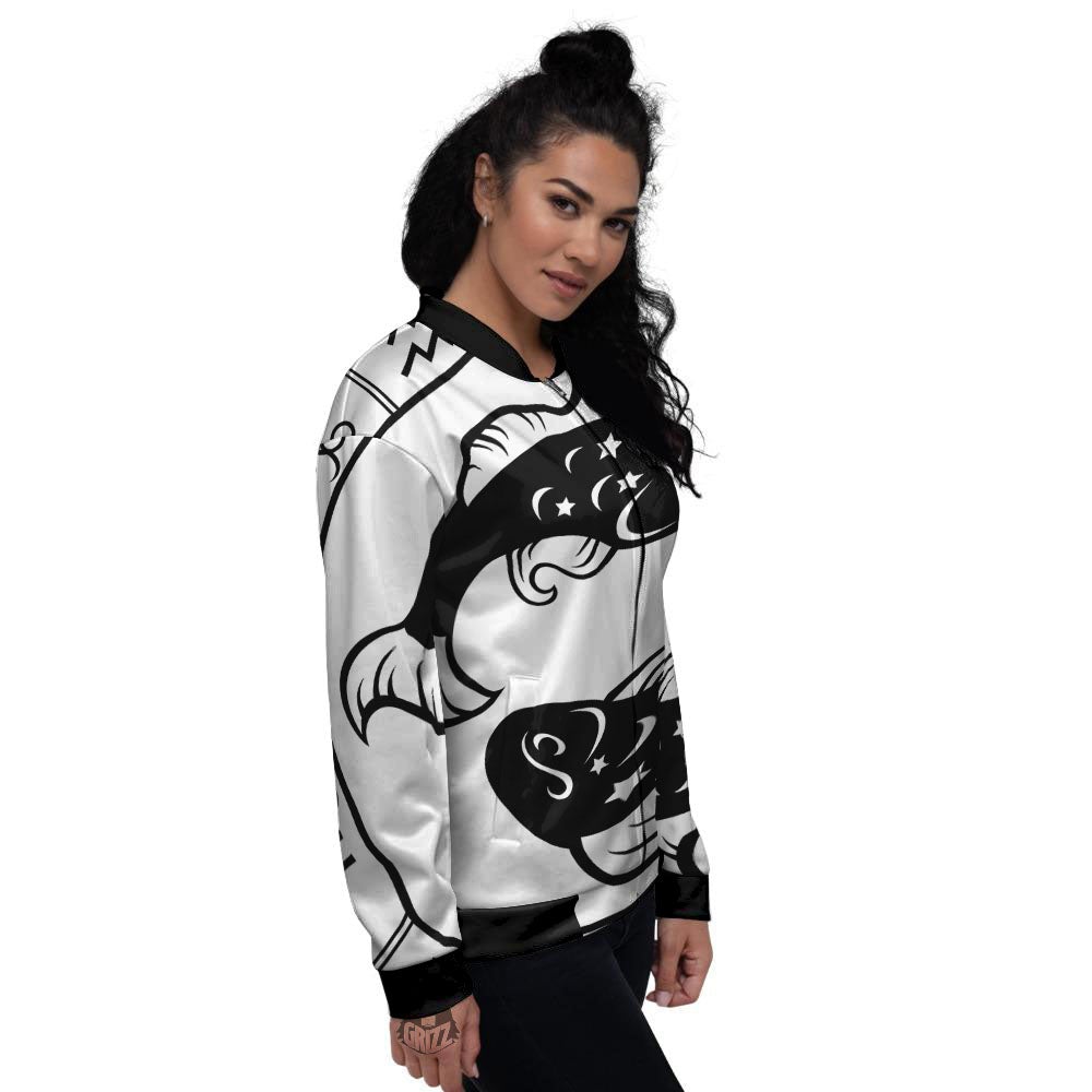 Pisces Sign White And Black Print Women's Bomber Jacket-grizzshop