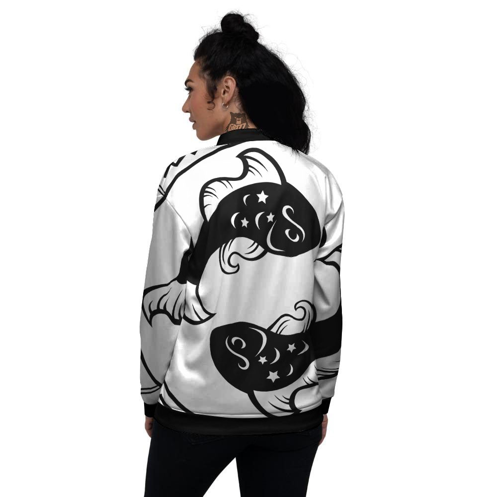 Pisces Sign White And Black Print Women's Bomber Jacket-grizzshop