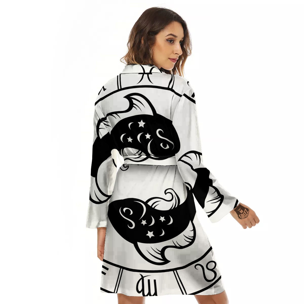 Pisces Sign White And Black Print Women's Robe-grizzshop