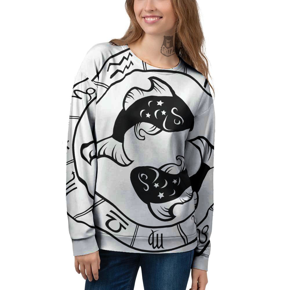 Pisces Sign White And Black Print Women's Sweatshirt-grizzshop