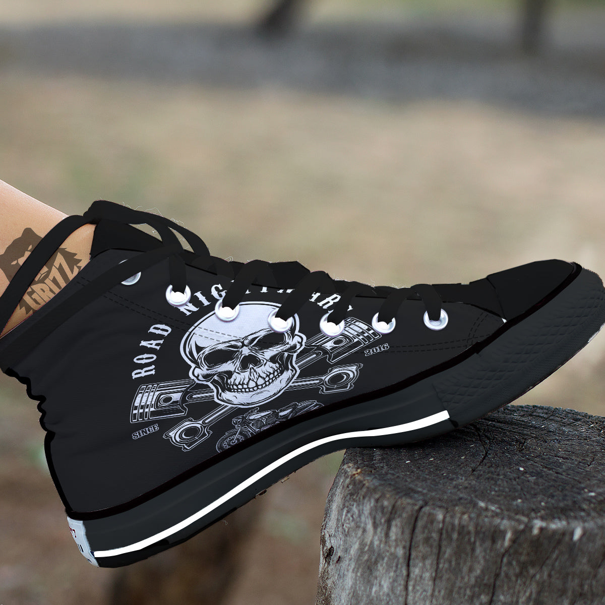 Piston Skull Mechanic Cross Print Black High Top Shoes-grizzshop