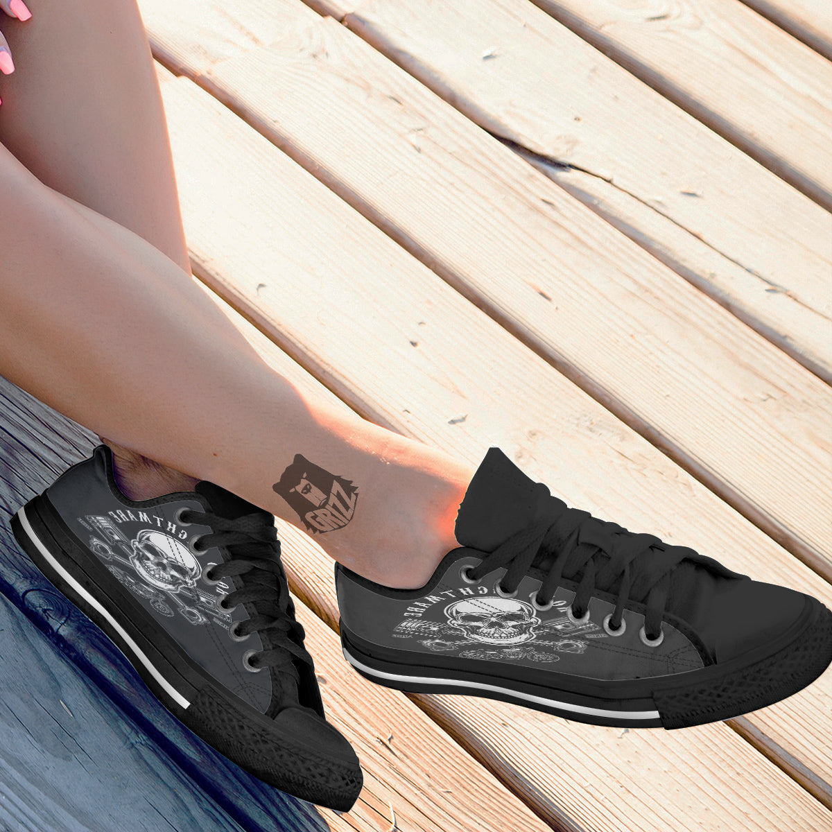 Piston Skull Mechanic Cross Print Black Low Top Shoes-grizzshop