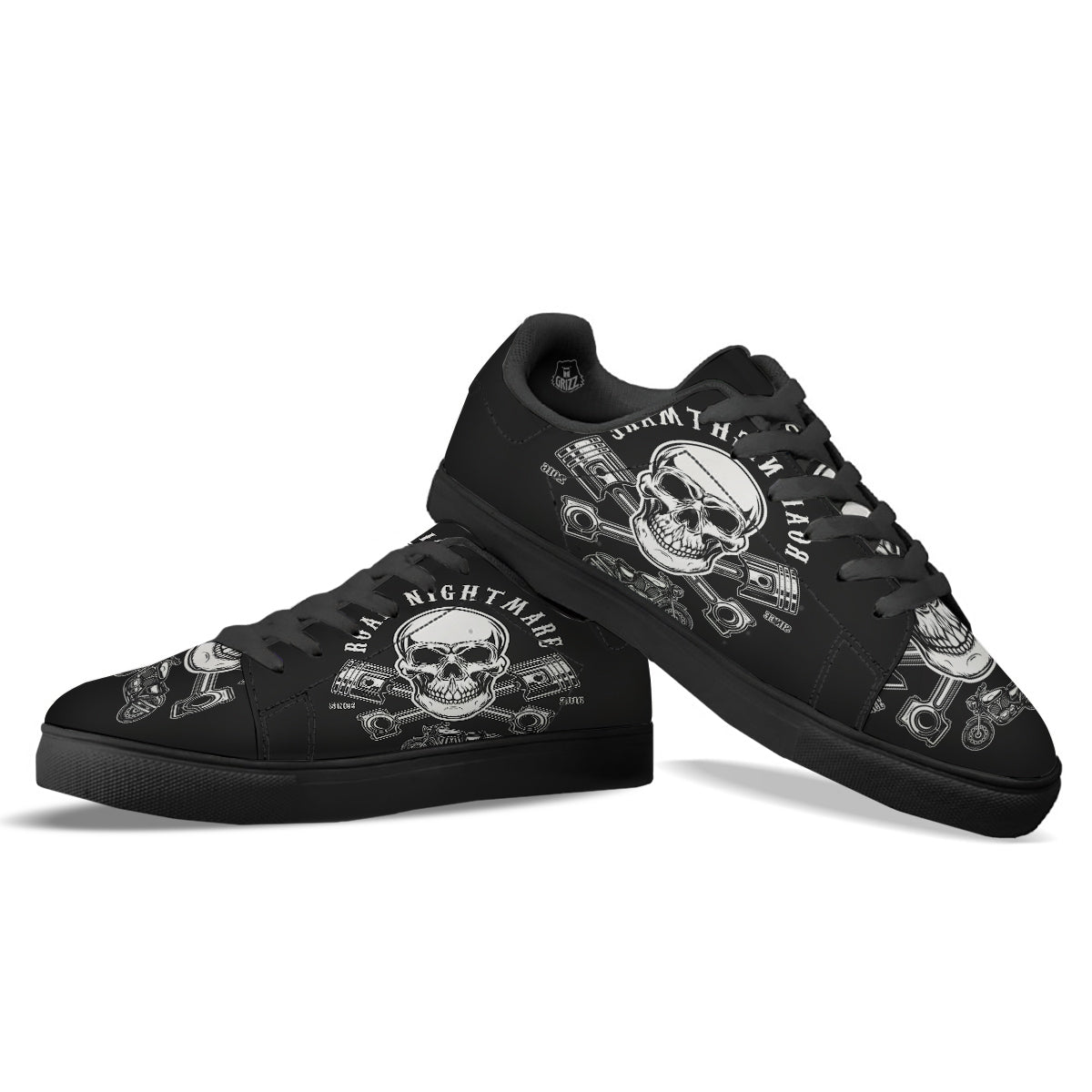 Piston Skull Mechanic Cross Print Black Low Top Sneakers-grizzshop