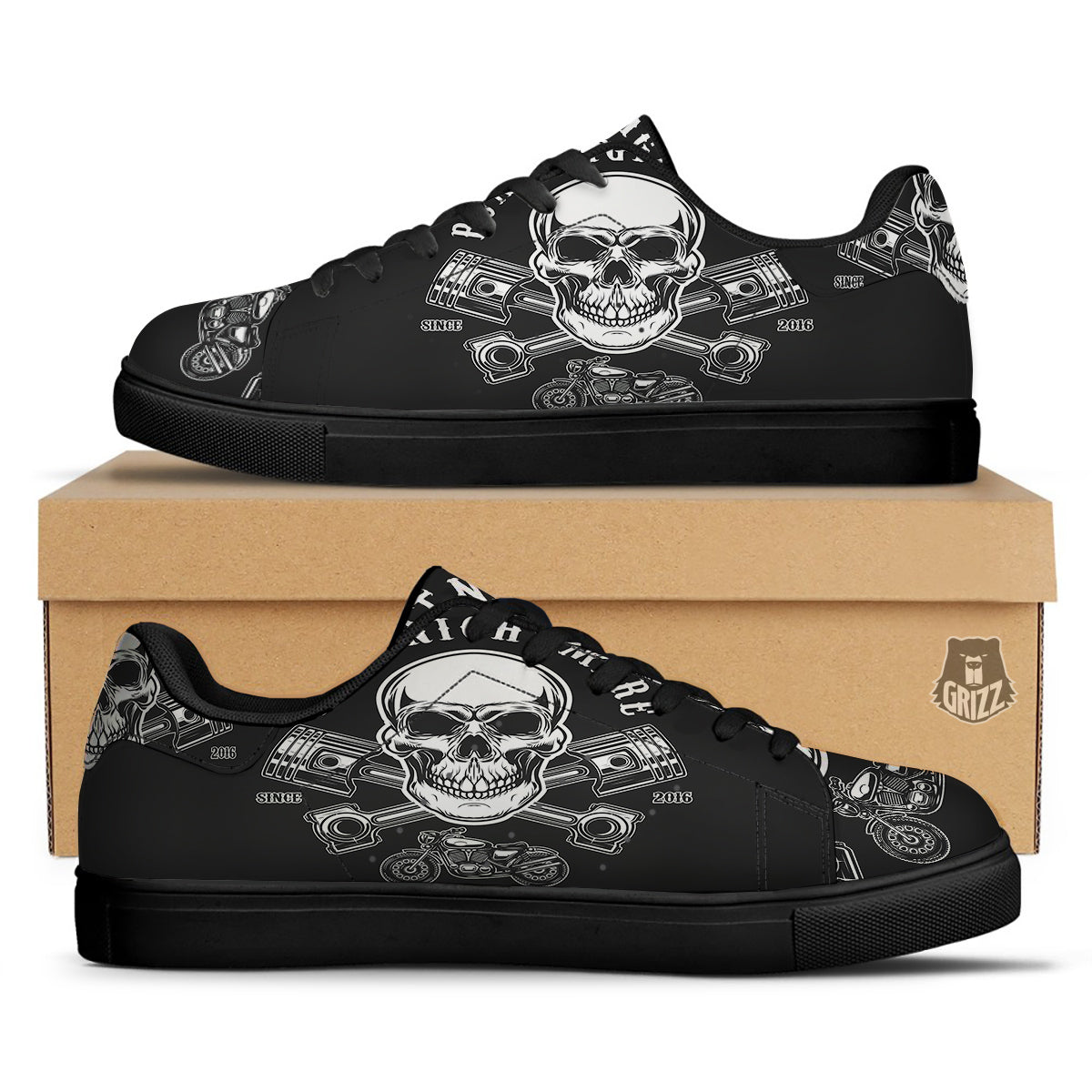 Piston Skull Mechanic Cross Print Black Low Top Sneakers-grizzshop