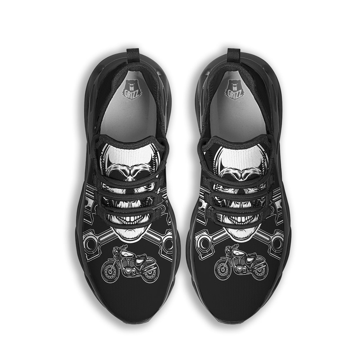 Piston Skull Mechanic Cross Print Black Running Shoes-grizzshop
