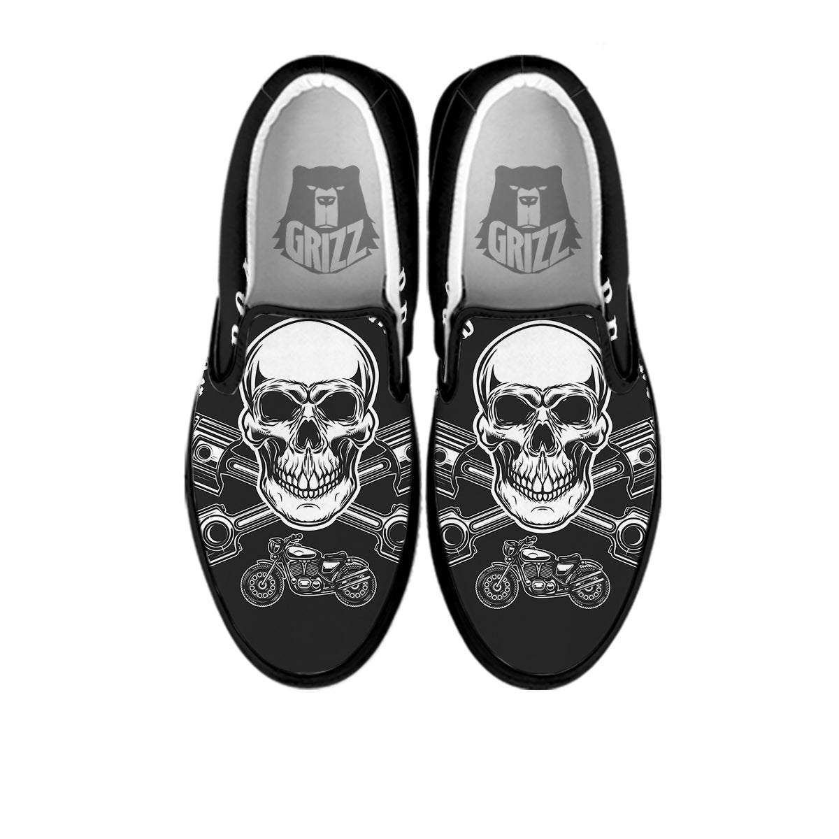 Piston Skull Mechanic Cross Print Black Slip On Shoes-grizzshop