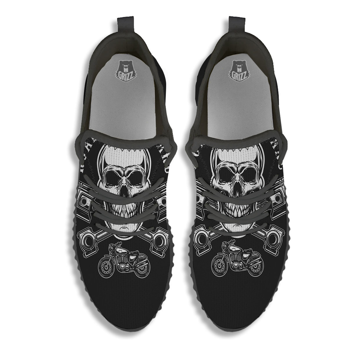 Piston Skull Mechanic Cross Print Black Walking Shoes-grizzshop