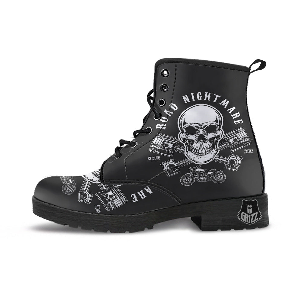 Piston Skull Mechanic Cross Print Leather Boots-grizzshop