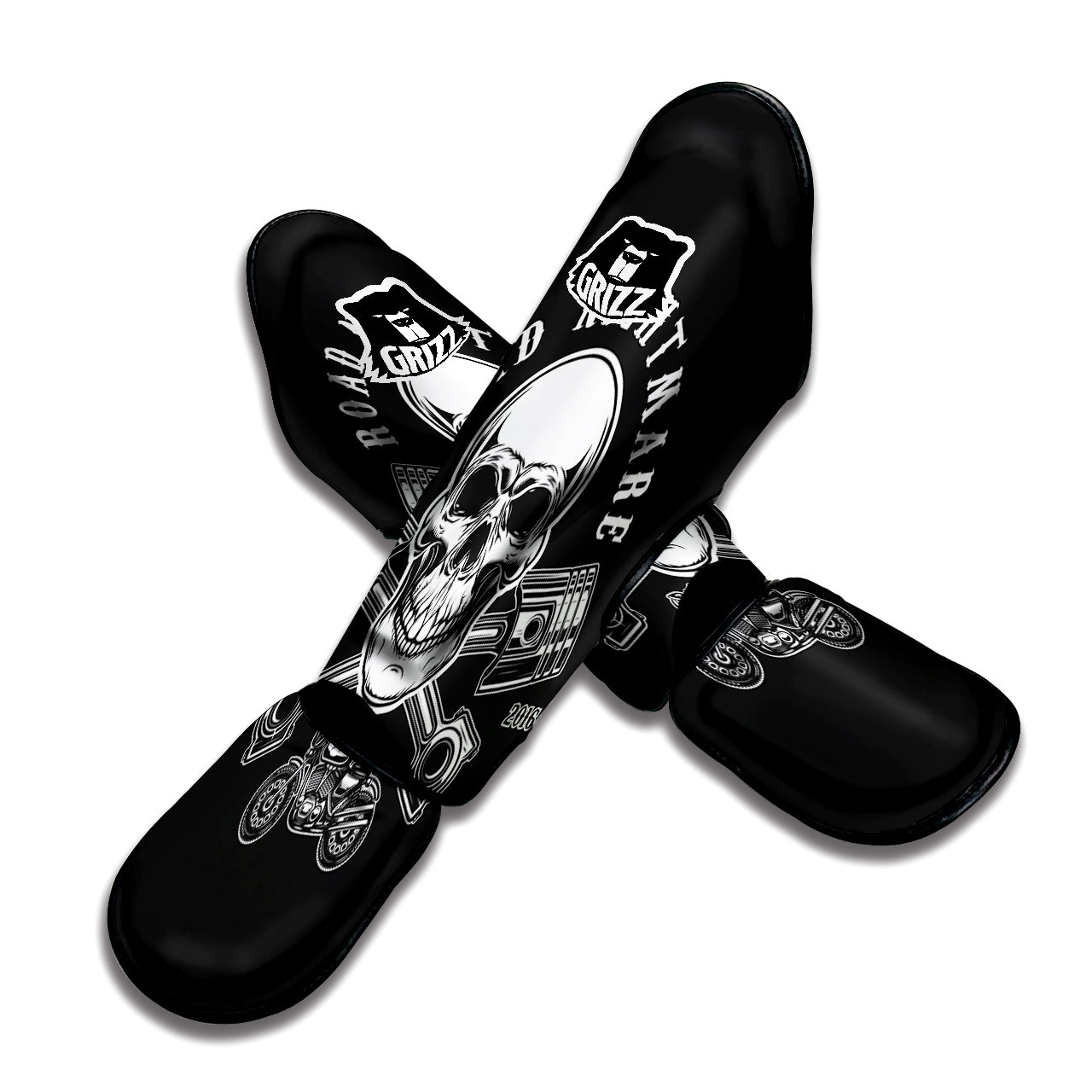 Piston Skull Mechanic Cross Print Muay Thai Shin Guards-grizzshop