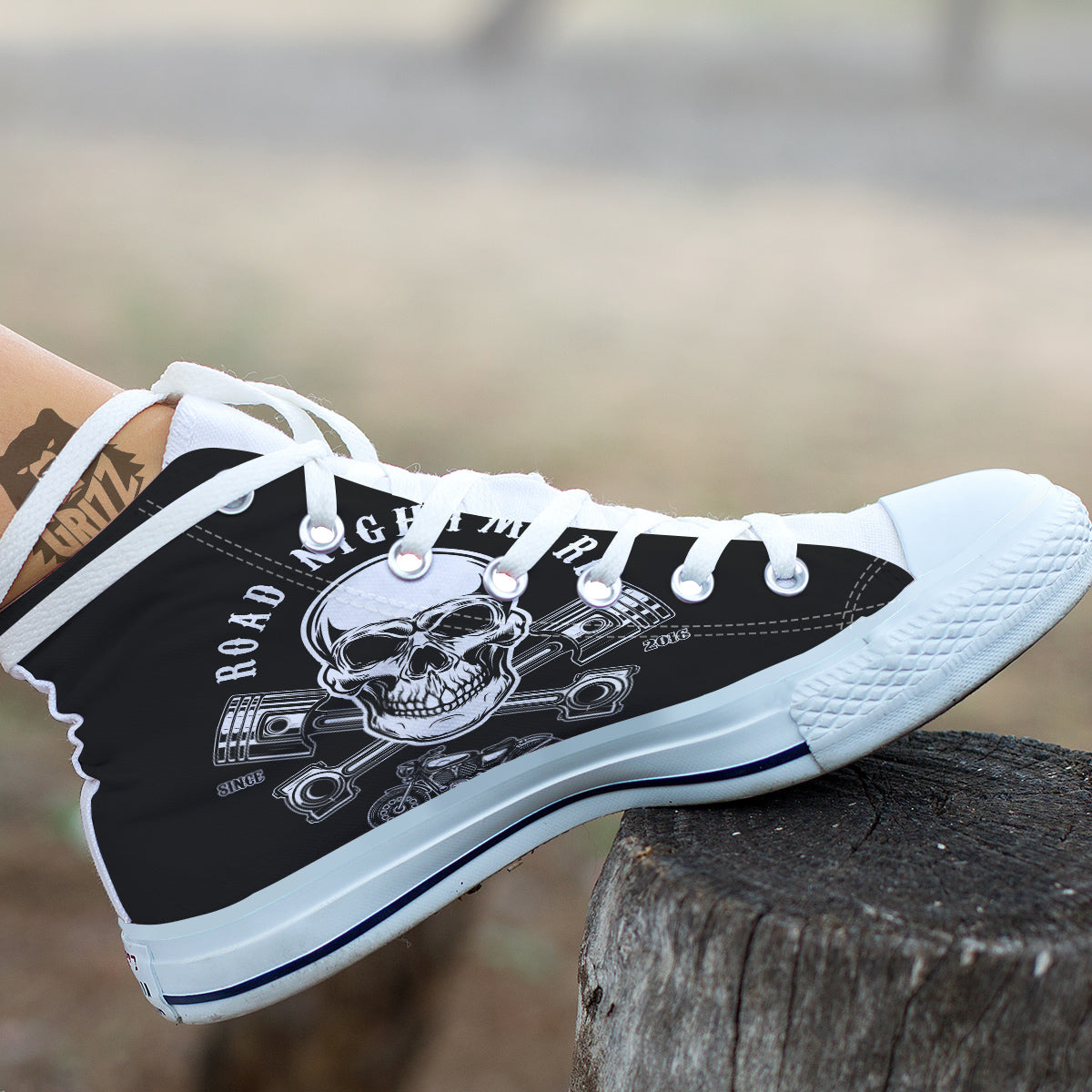 Piston Skull Mechanic Cross Print White High Top Shoes-grizzshop