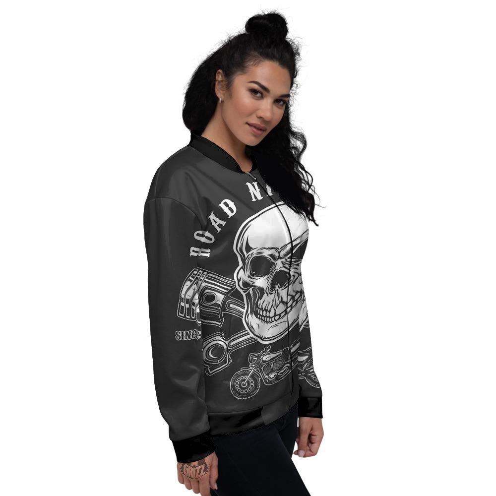 Piston Skull Mechanic Cross Print Women's Bomber Jacket-grizzshop