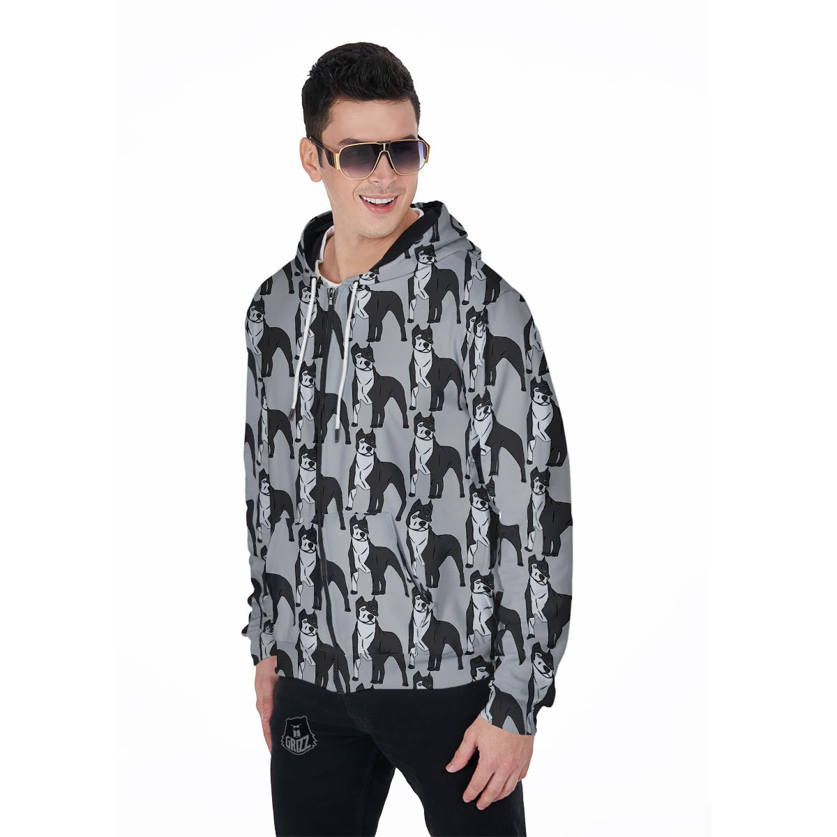 Pitbull Print Men's Zip Up Hoodie-grizzshop