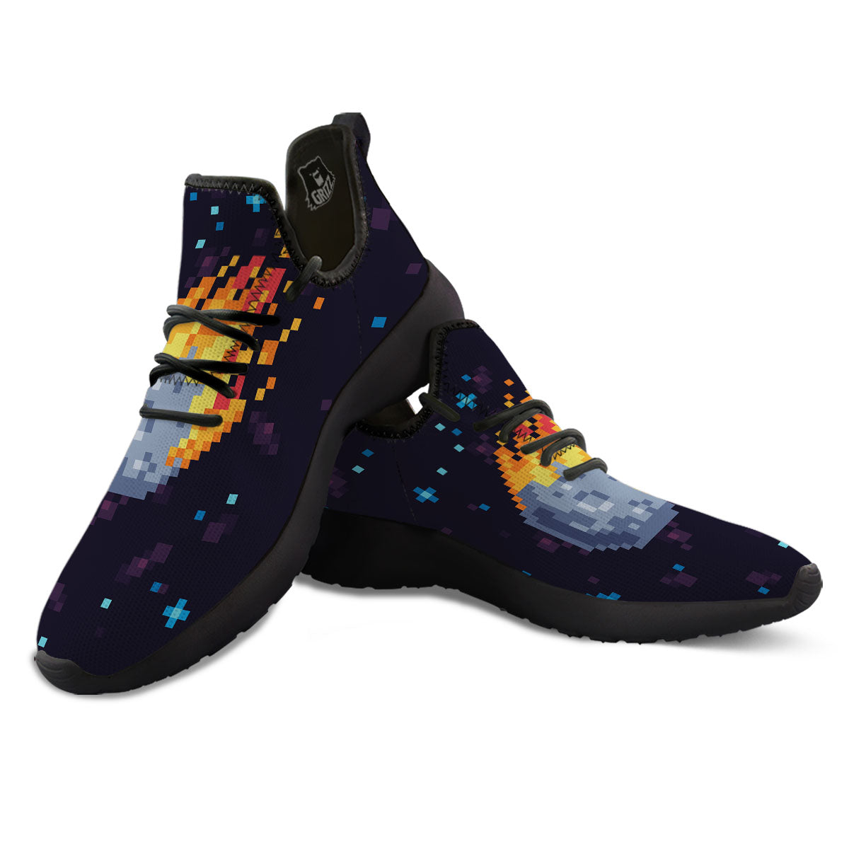 Pixel 8 Bit Meteorite Burnning Print Black Athletic Shoes-grizzshop