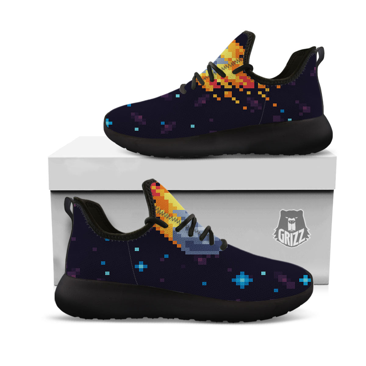 Pixel 8 Bit Meteorite Burnning Print Black Athletic Shoes-grizzshop