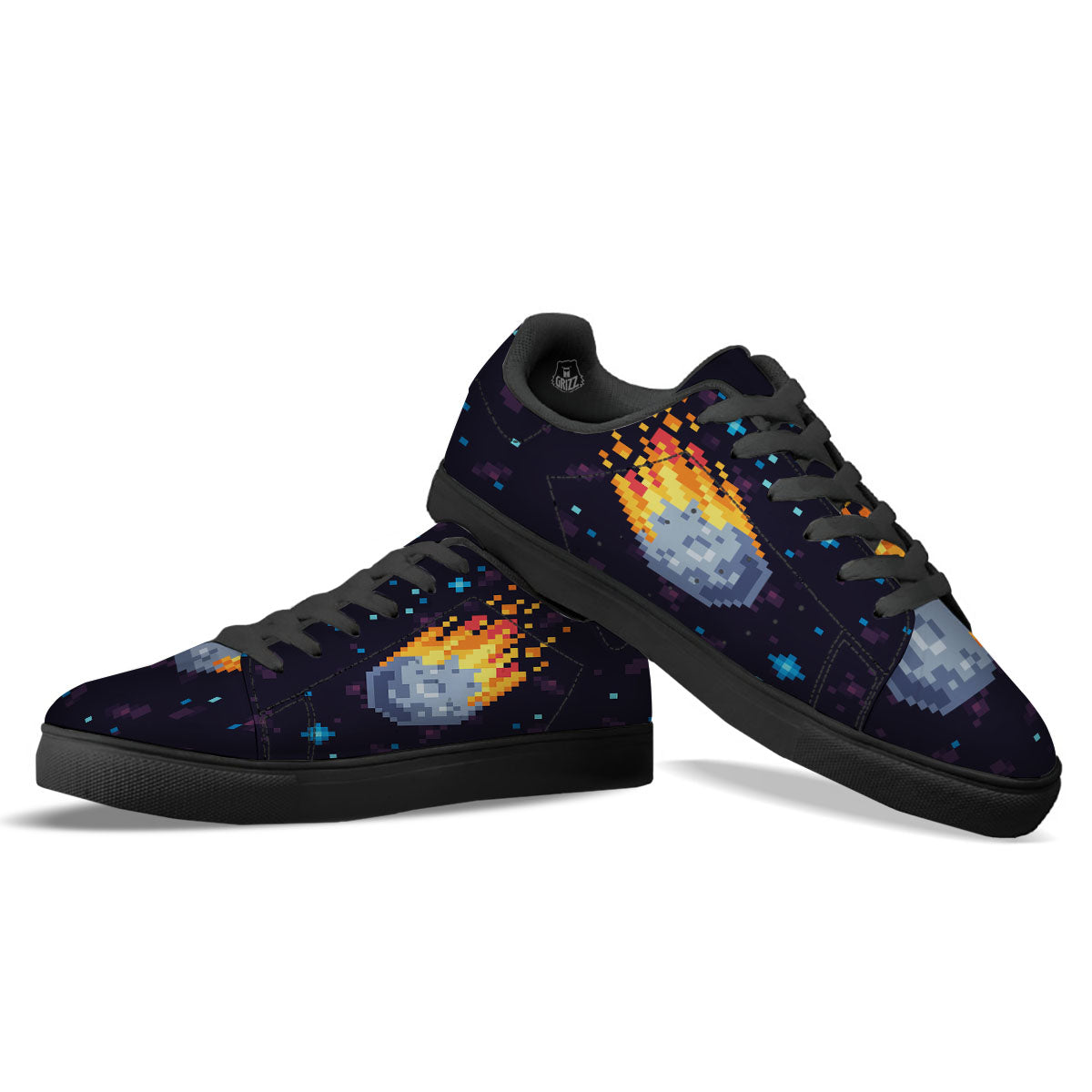 Pixel 8 Bit Meteorite Burnning Print Black Low Top Sneakers-grizzshop