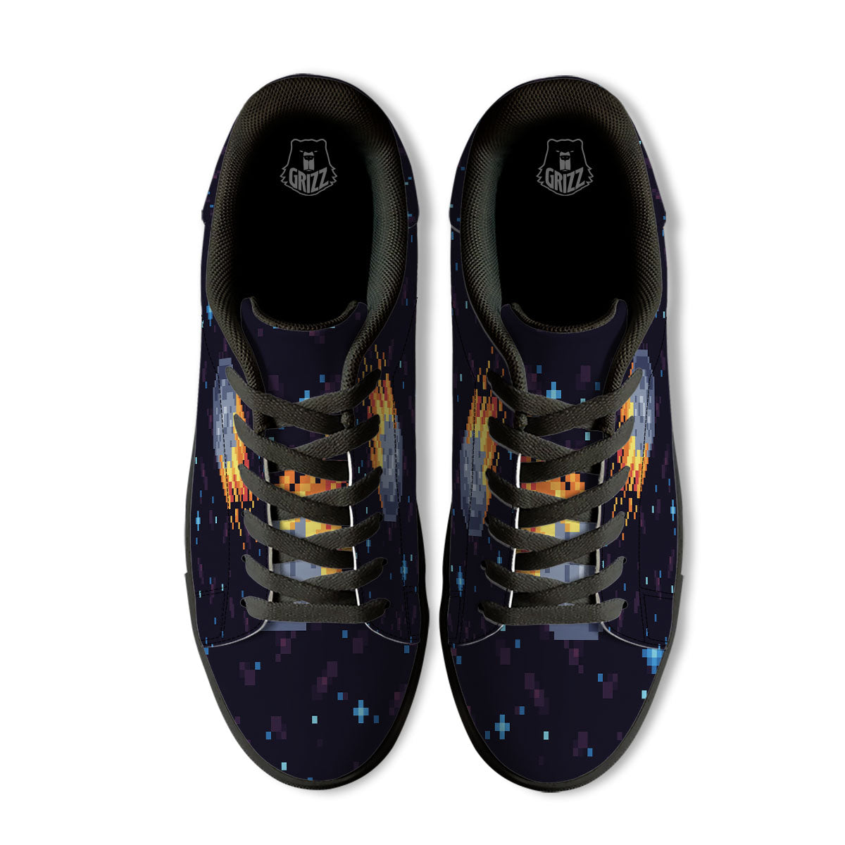 Pixel 8 Bit Meteorite Burnning Print Black Low Top Sneakers-grizzshop