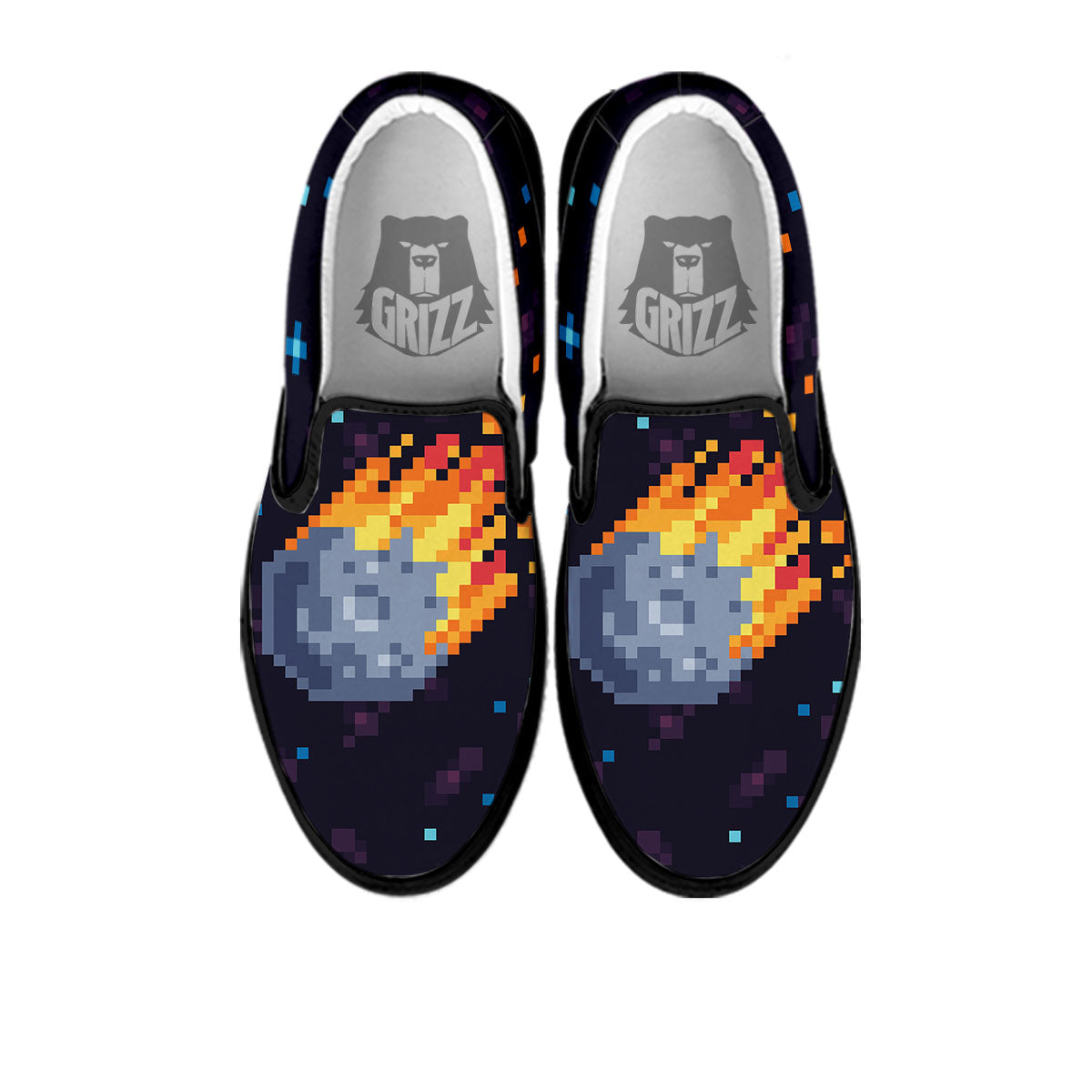 Pixel 8 Bit Meteorite Burnning Print Black Slip On Shoes-grizzshop