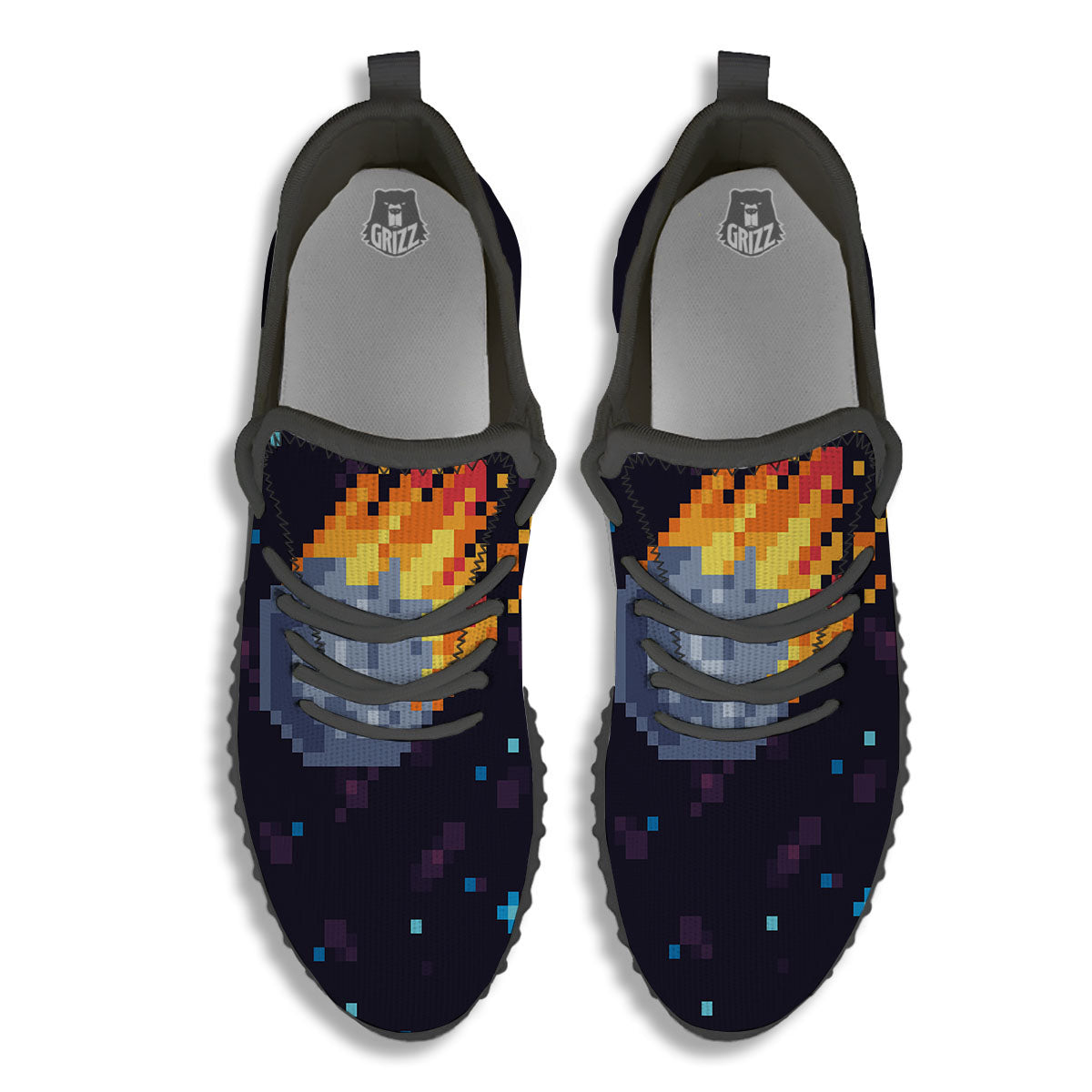 Pixel 8 Bit Meteorite Burnning Print Black Walking Shoes-grizzshop