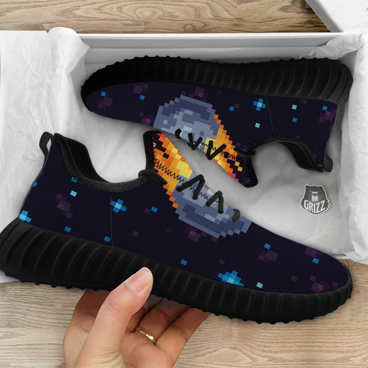 Pixel 8 Bit Meteorite Burnning Print Black Walking Shoes-grizzshop