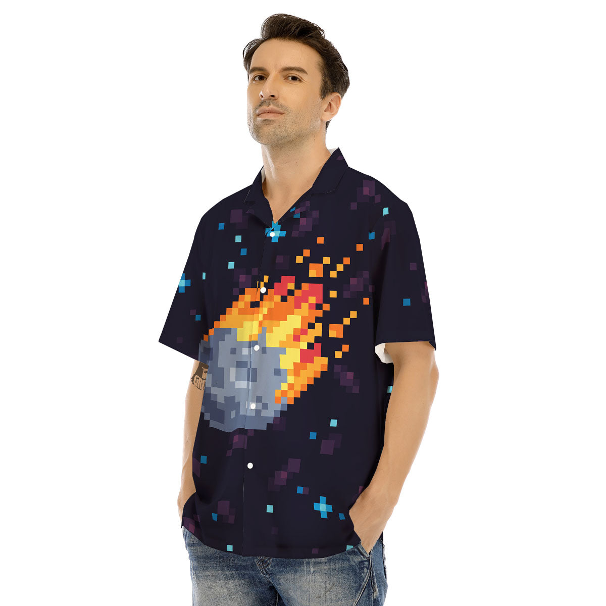 Pixel 8 Bit Meteorite Burnning Print Men's Hawaiian Shirt-grizzshop