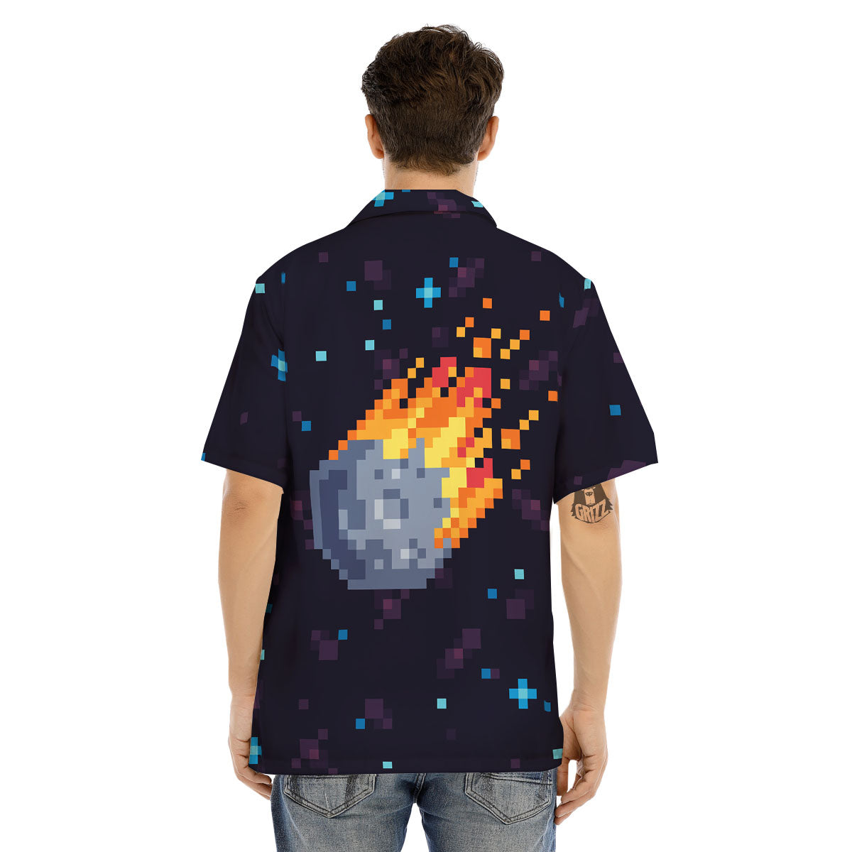 Pixel 8 Bit Meteorite Burnning Print Men's Hawaiian Shirt-grizzshop