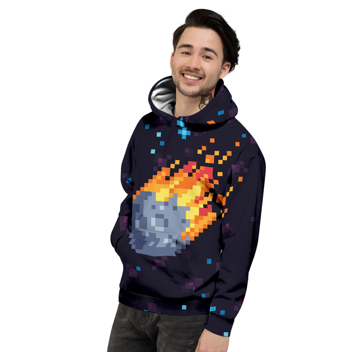 Pixel 8 Bit Meteorite Burnning Print Men's Hoodie-grizzshop