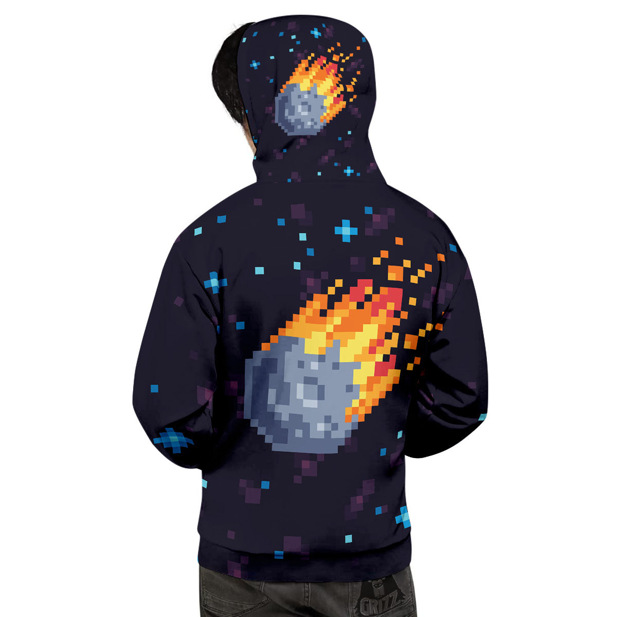 Pixel 8 Bit Meteorite Burnning Print Men's Hoodie-grizzshop