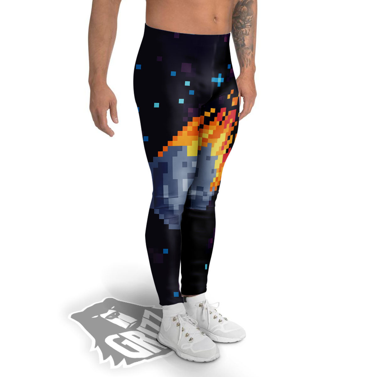 Pixel 8 Bit Meteorite Burnning Print Men's Leggings-grizzshop