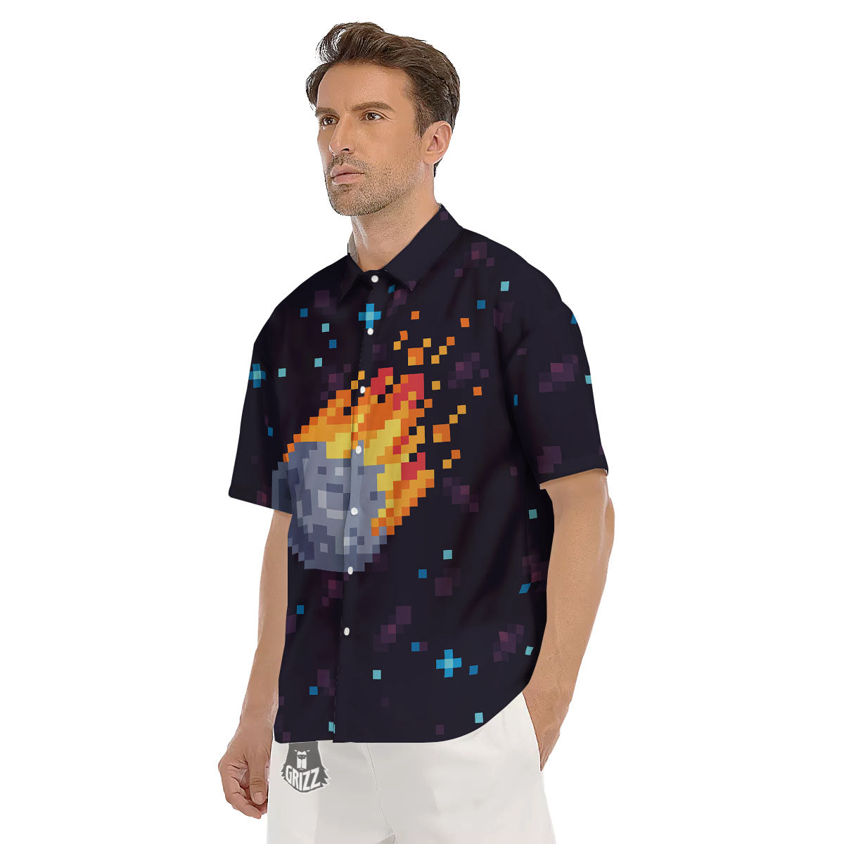 Pixel 8 Bit Meteorite Burnning Print Men's Short Sleeve Shirts-grizzshop