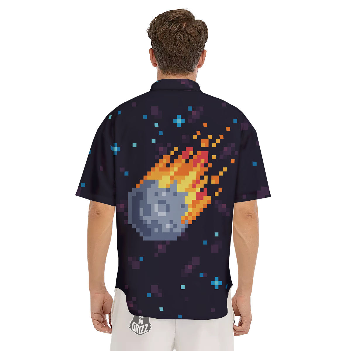 Pixel 8 Bit Meteorite Burnning Print Men's Short Sleeve Shirts-grizzshop