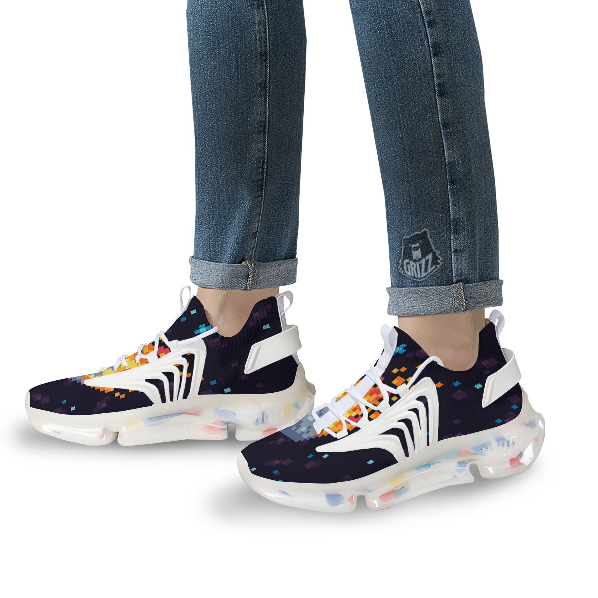 Pixel 8 Bit Meteorite Burnning Print White Gym Shoes-grizzshop