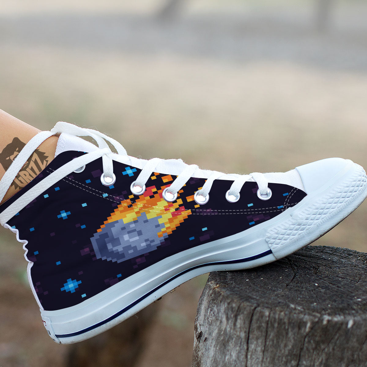 Pixel 8 Bit Meteorite Burnning Print White High Top Shoes-grizzshop