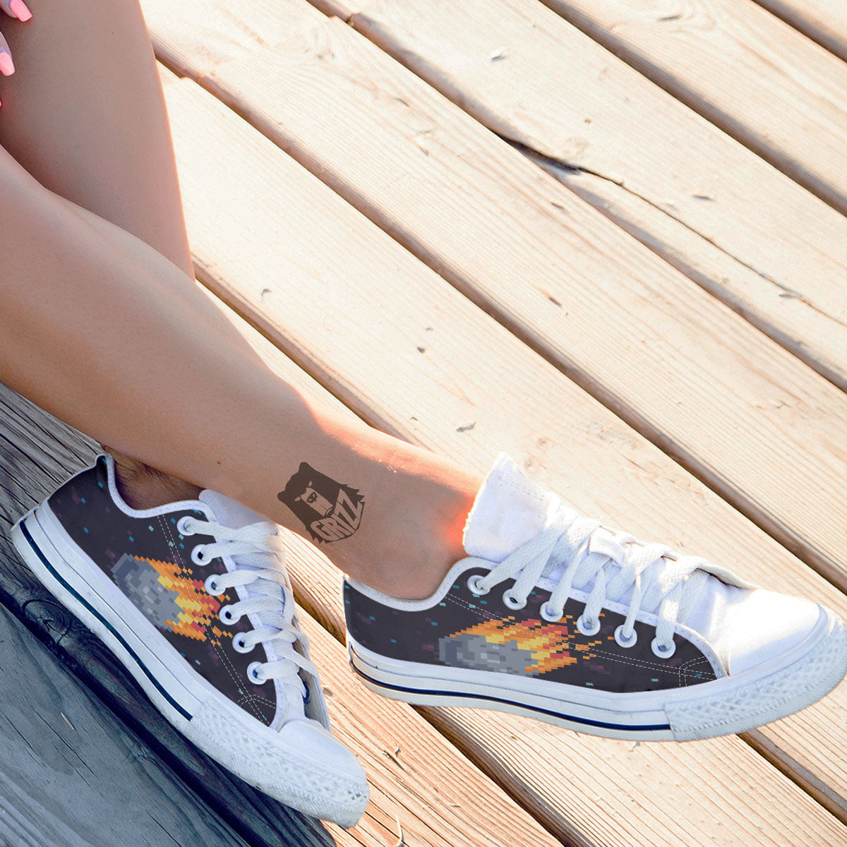 Pixel 8 Bit Meteorite Burnning Print White Low Top Shoes-grizzshop